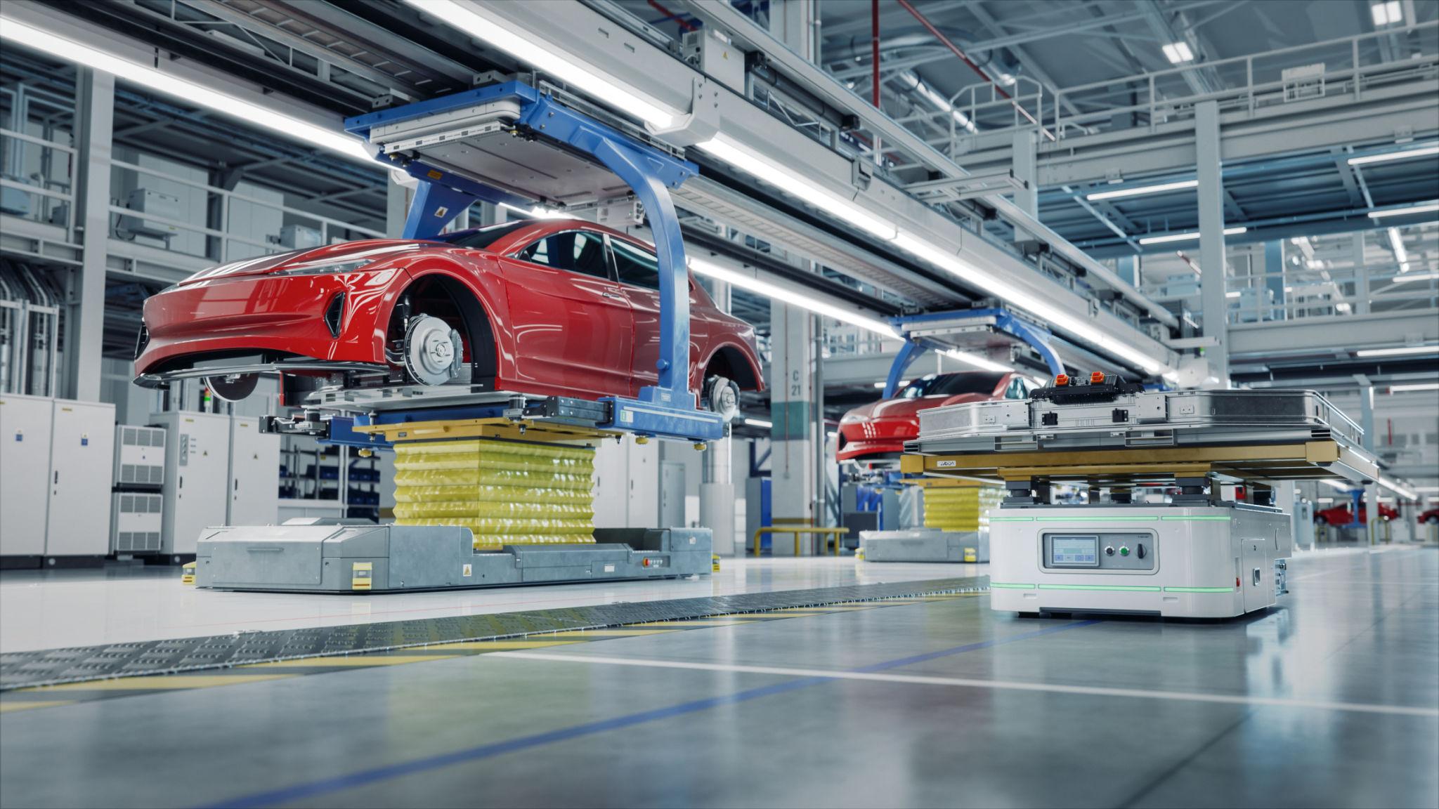 Electric vehicle manufacturing plant with advanced electronics and automation