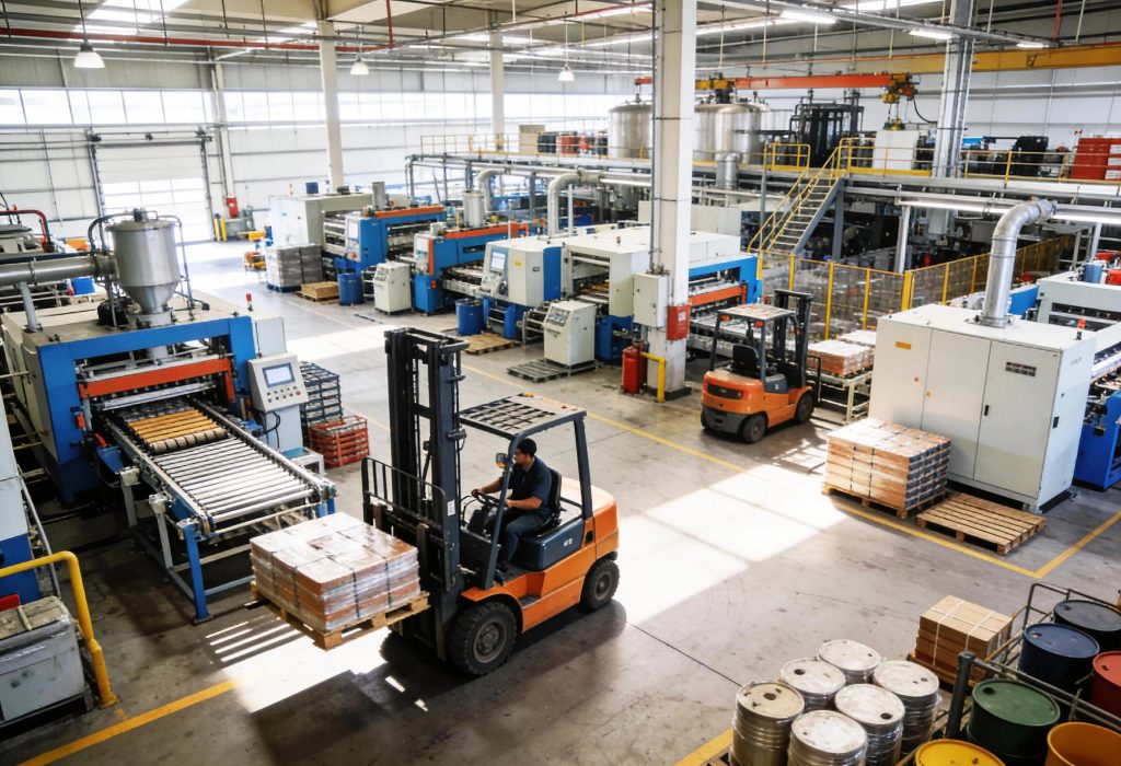 Heavy machinery operating on an industrial factory floor